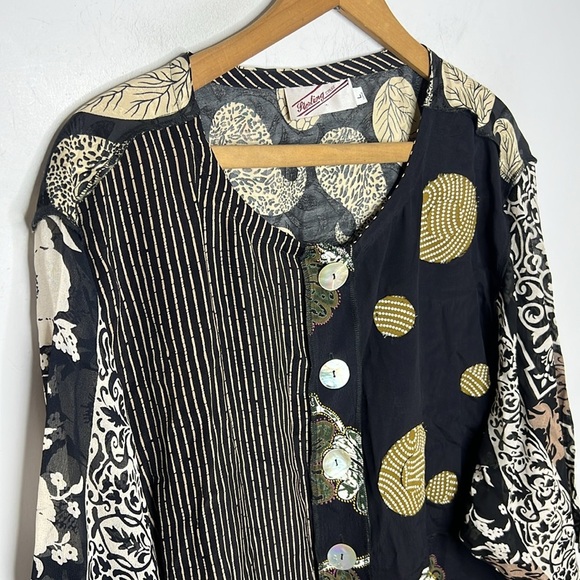 Vintage Eclectic Patchwork Appliqué Mixed Print Shell Button Blouse - Picture 3 of 14